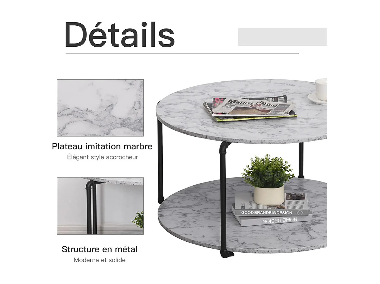 Table basse ronde avec étagère panneaux particules Imitation marbre blanc métal noir