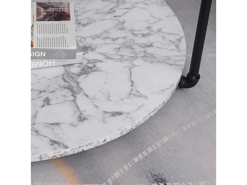 Table basse ronde avec étagère panneaux particules Imitation marbre blanc métal noir