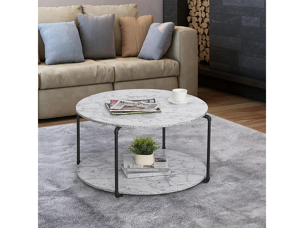 Table basse ronde avec étagère panneaux particules Imitation marbre blanc métal noir
