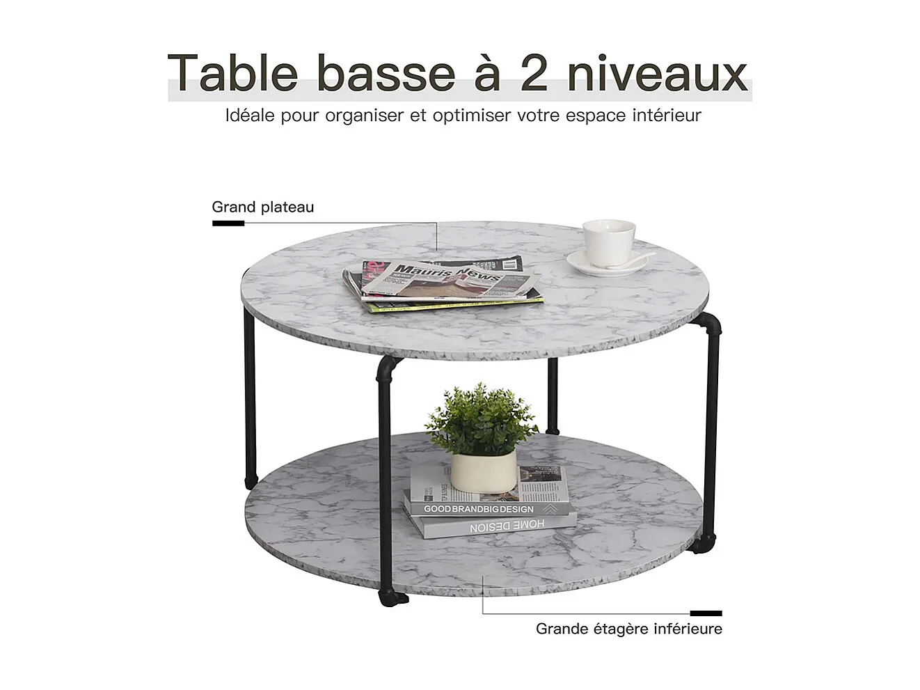 Table basse ronde avec étagère panneaux particules Imitation marbre blanc métal noir