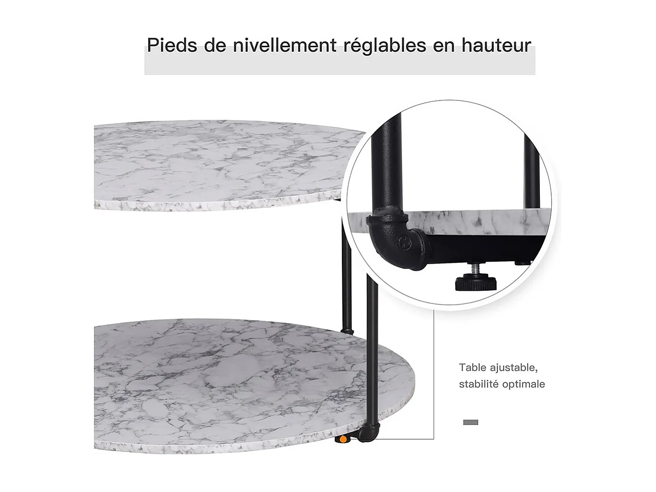 Table basse ronde avec étagère panneaux particules Imitation marbre blanc métal noir