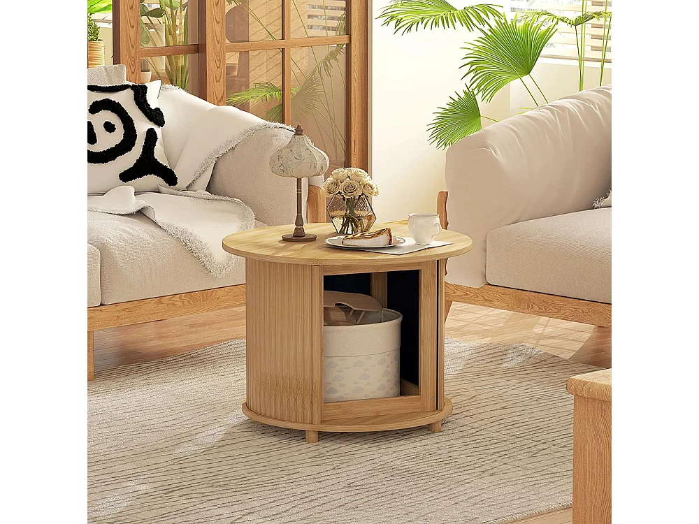 Table basse ronde table de salon en bambou avec rangement caché et porte coulissante dim bois naturel