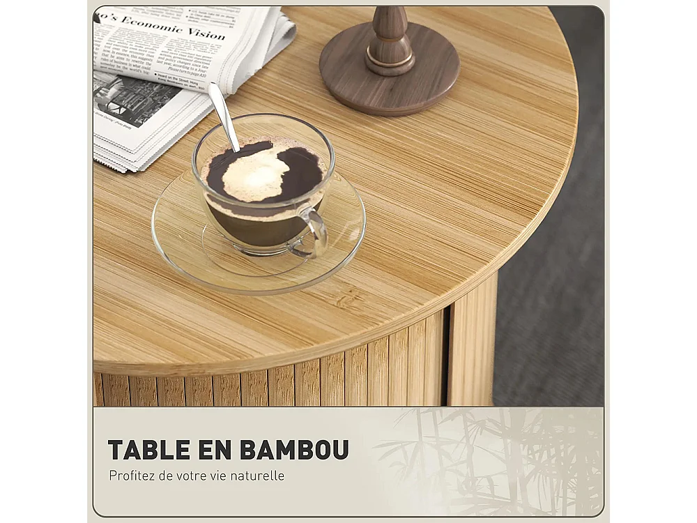 Table basse ronde table de salon en bambou avec rangement caché et porte coulissante dim bois naturel