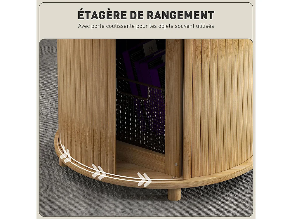 Table basse ronde table de salon en bambou avec rangement caché et porte coulissante dim bois naturel