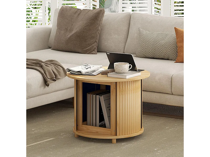 Table basse ronde table de salon en bambou avec rangement caché et porte coulissante dim bois naturel