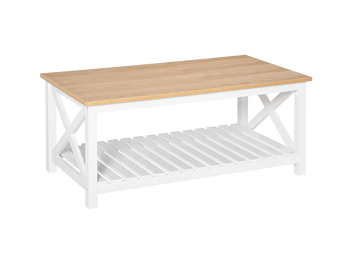 Table Basse rectangulaire étagère à Lattes Plateau Imitation chêne Clair MDF Blanc