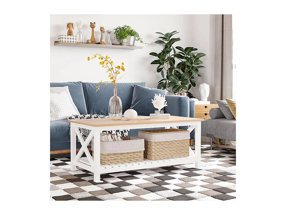 Table Basse rectangulaire étagère à Lattes Plateau Imitation chêne Clair MDF Blanc