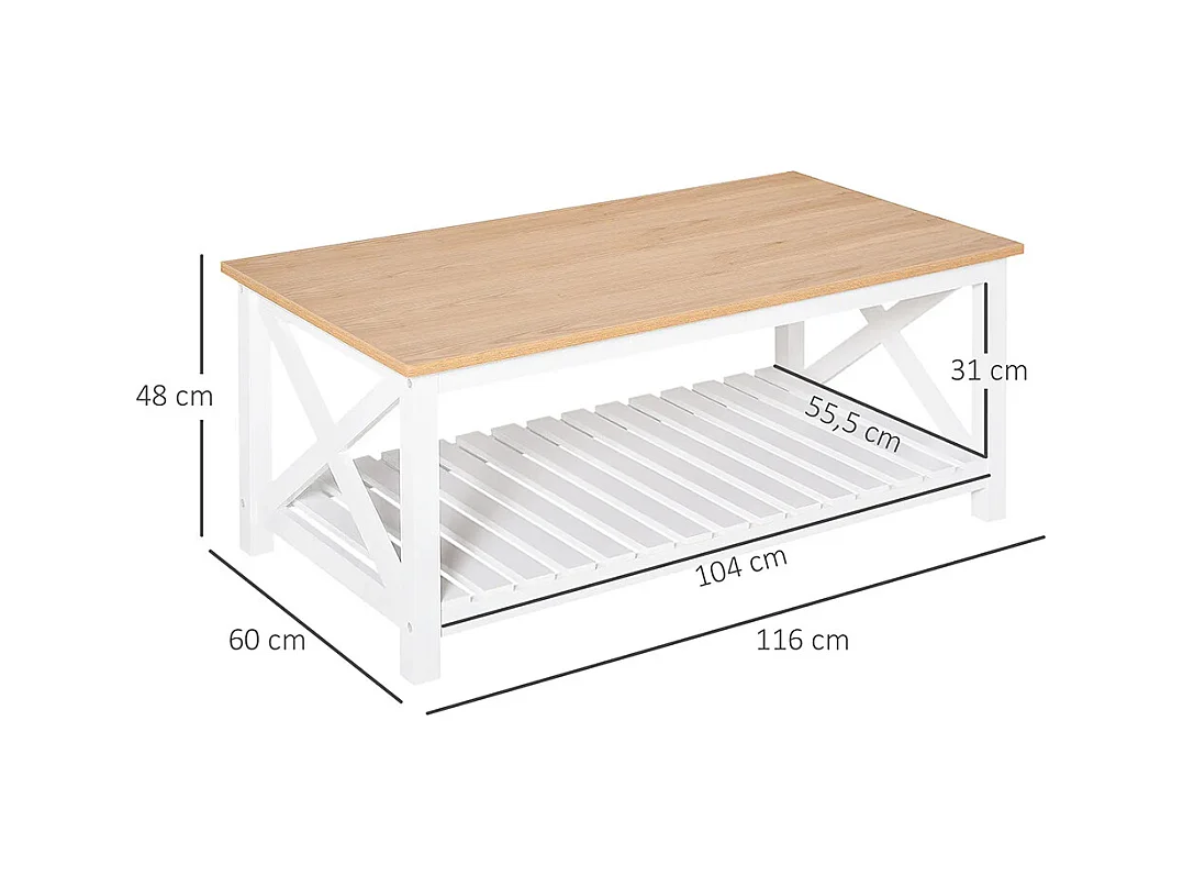 Table Basse rectangulaire étagère à Lattes Plateau Imitation chêne Clair MDF Blanc