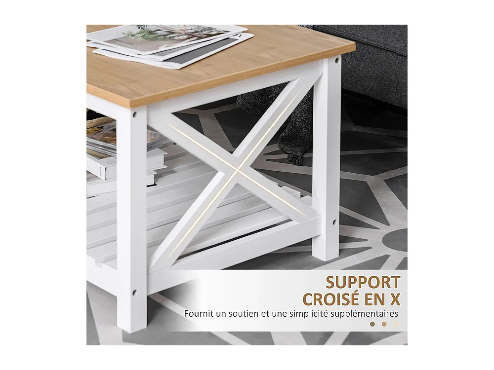 Table Basse rectangulaire étagère à Lattes Plateau Imitation chêne Clair MDF Blanc