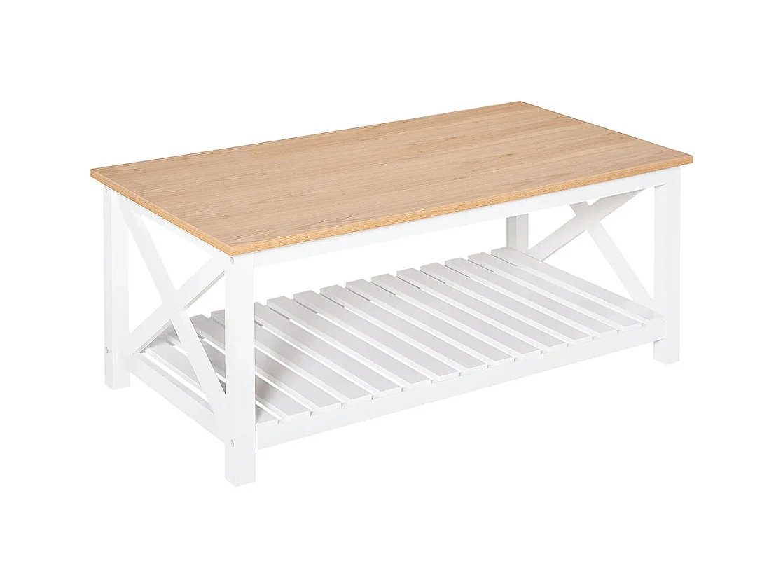 Table Basse rectangulaire étagère à Lattes Plateau Imitation chêne Clair MDF Blanc