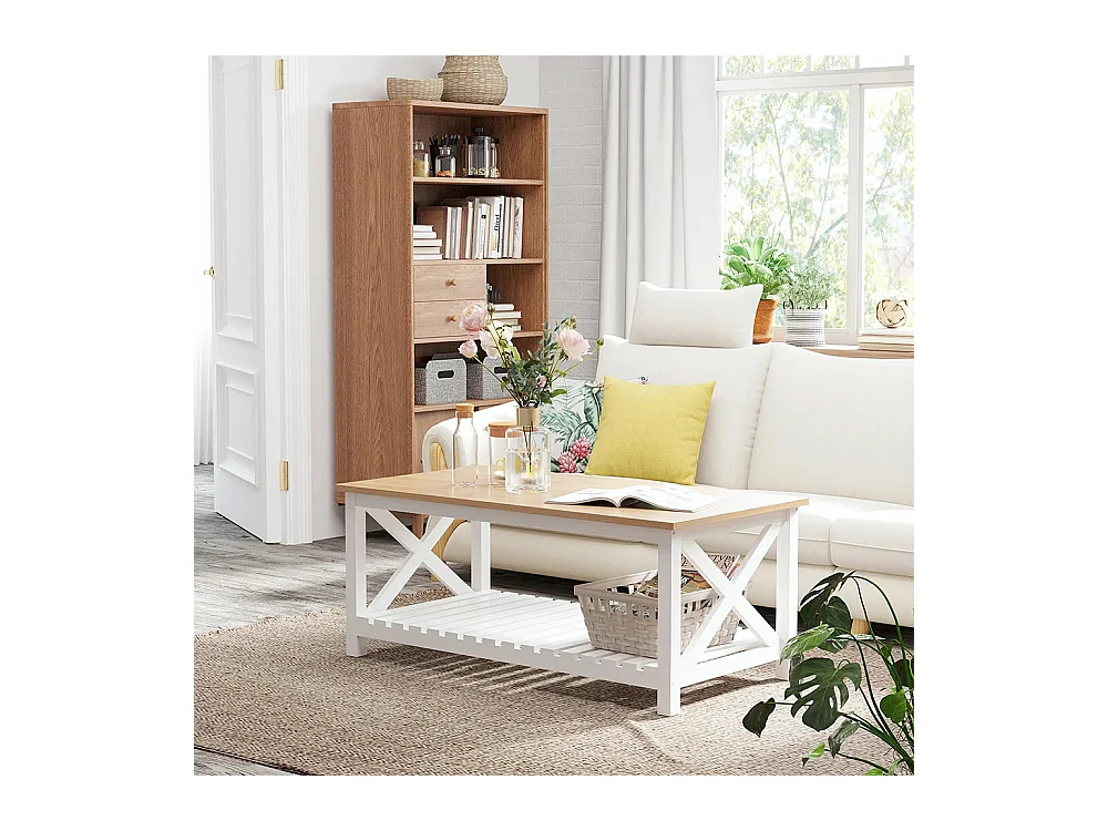Table Basse rectangulaire étagère à Lattes Plateau Imitation chêne Clair MDF Blanc