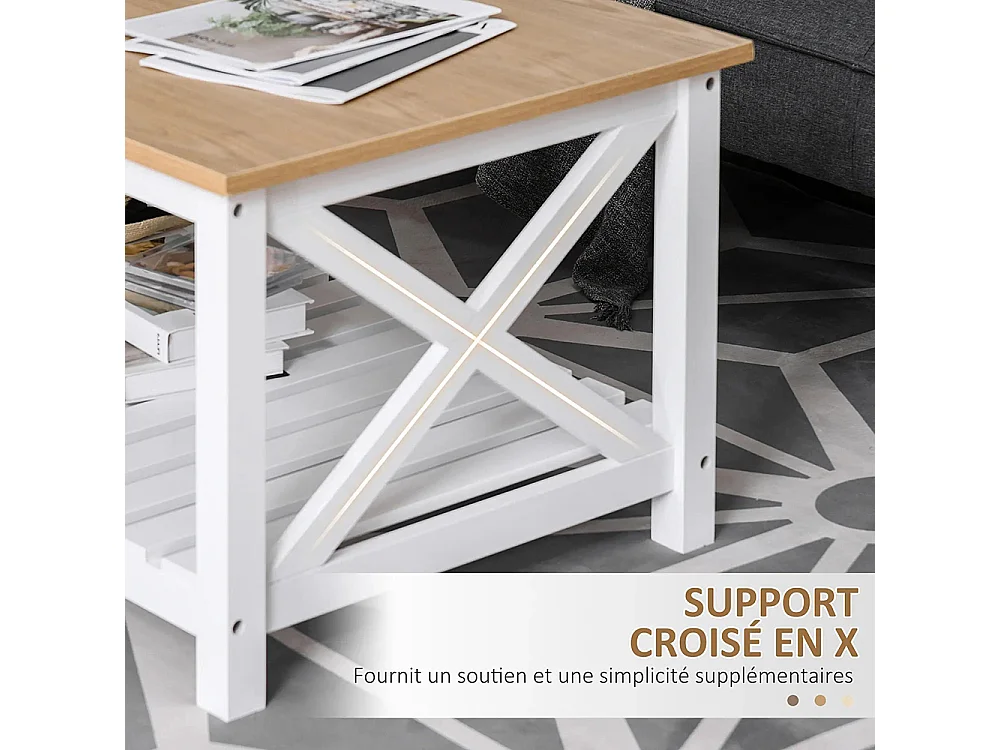 Table Basse rectangulaire étagère à Lattes Plateau Imitation chêne Clair MDF Blanc