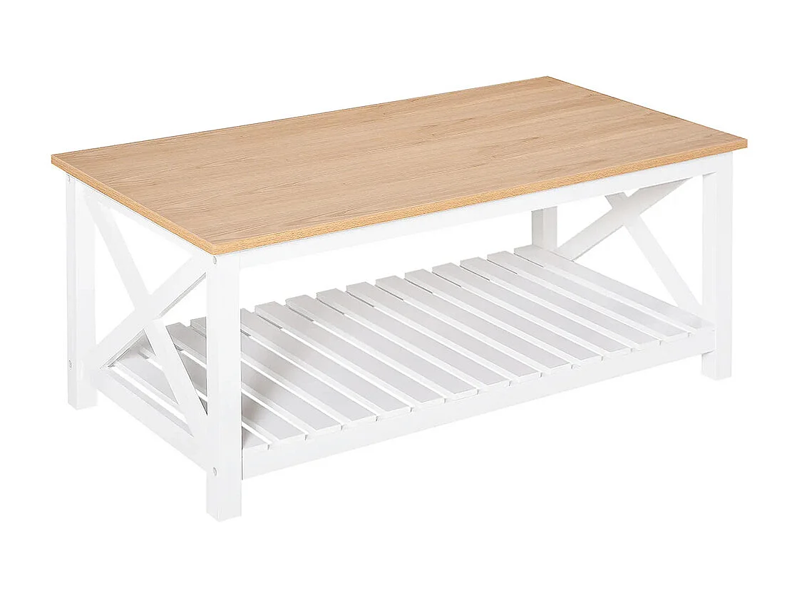 Table Basse rectangulaire étagère à Lattes Plateau Imitation chêne Clair MDF Blanc