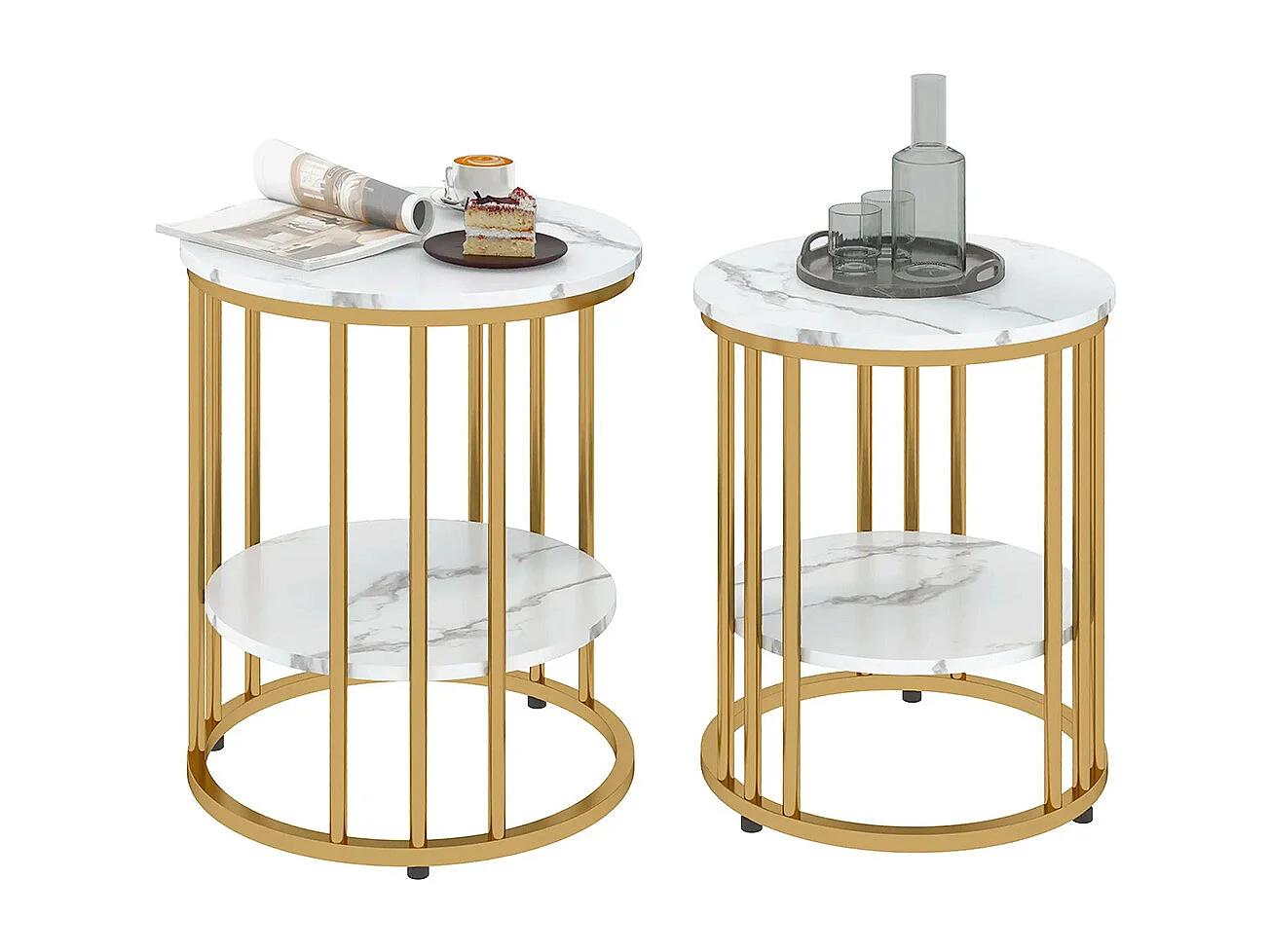 Lot de 2 tables basses rondes tables de salon effet marbre avec étagère de rangement ouverte et cadre en acier or