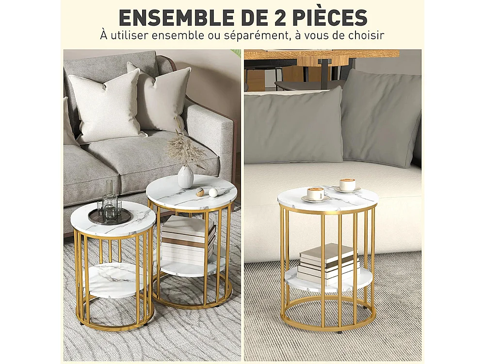 Lot de 2 tables basses rondes tables de salon effet marbre avec étagère de rangement ouverte et cadre en acier or