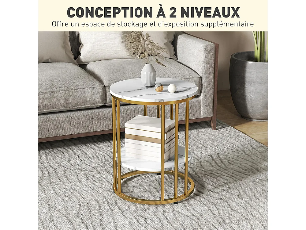 Lot de 2 tables basses rondes tables de salon effet marbre avec étagère de rangement ouverte et cadre en acier or