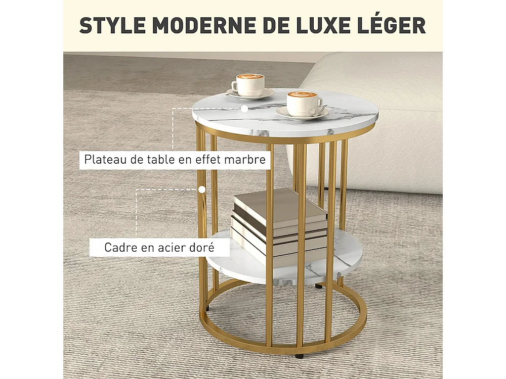 Lot de 2 tables basses rondes tables de salon effet marbre avec étagère de rangement ouverte et cadre en acier or