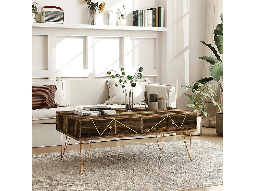 Table basse en bois grand plateau et 2 tiroirs design de luxe Élégant décoration avec lignes dorées peintes à la main brun
