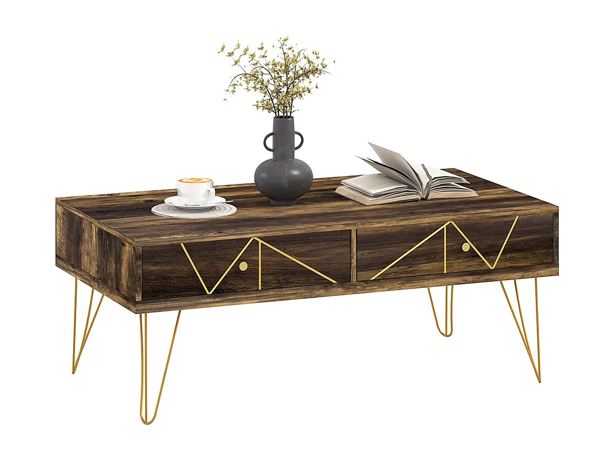 Table basse en bois grand plateau et 2 tiroirs design de luxe Élégant décoration avec lignes dorées peintes à la main brun
