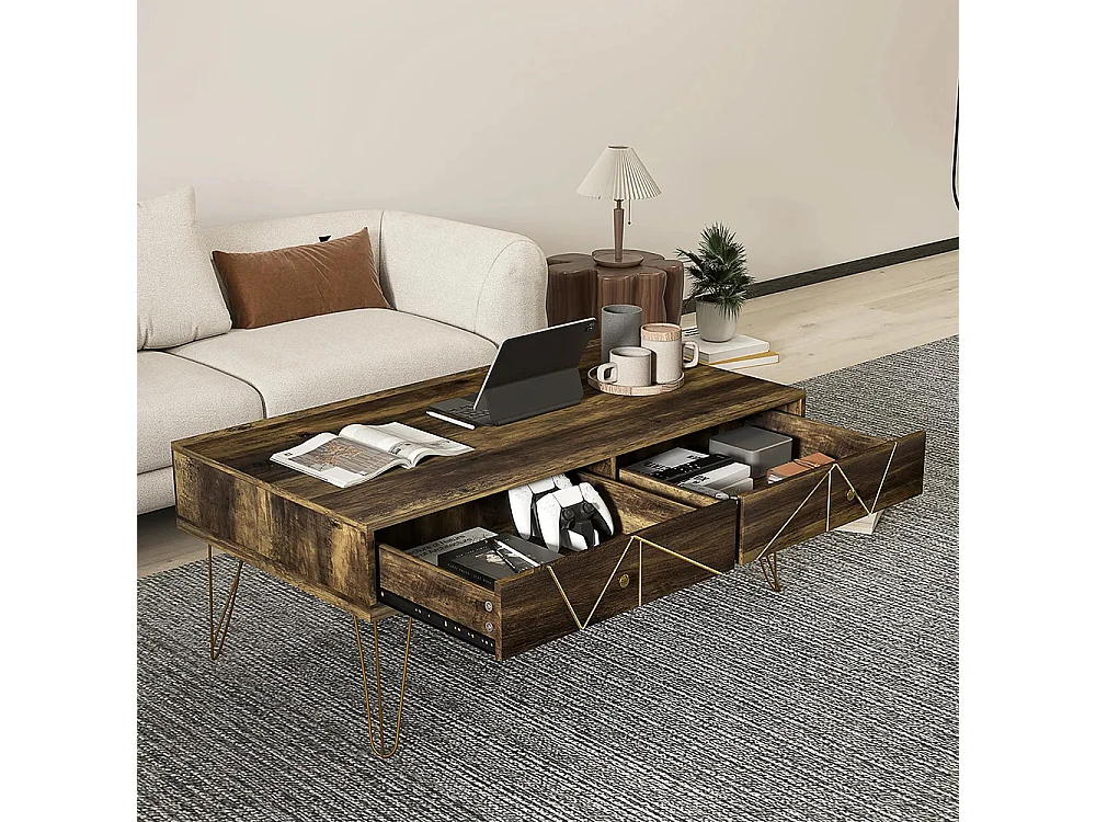 Table basse en bois grand plateau et 2 tiroirs design de luxe Élégant décoration avec lignes dorées peintes à la main brun