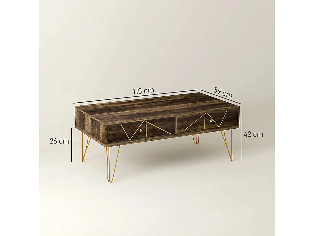 Table basse en bois grand plateau et 2 tiroirs design de luxe Élégant décoration avec lignes dorées peintes à la main brun