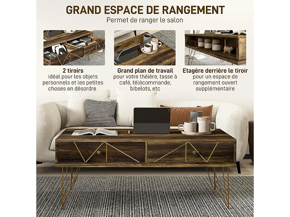 Table basse en bois grand plateau et 2 tiroirs design de luxe Élégant décoration avec lignes dorées peintes à la main brun