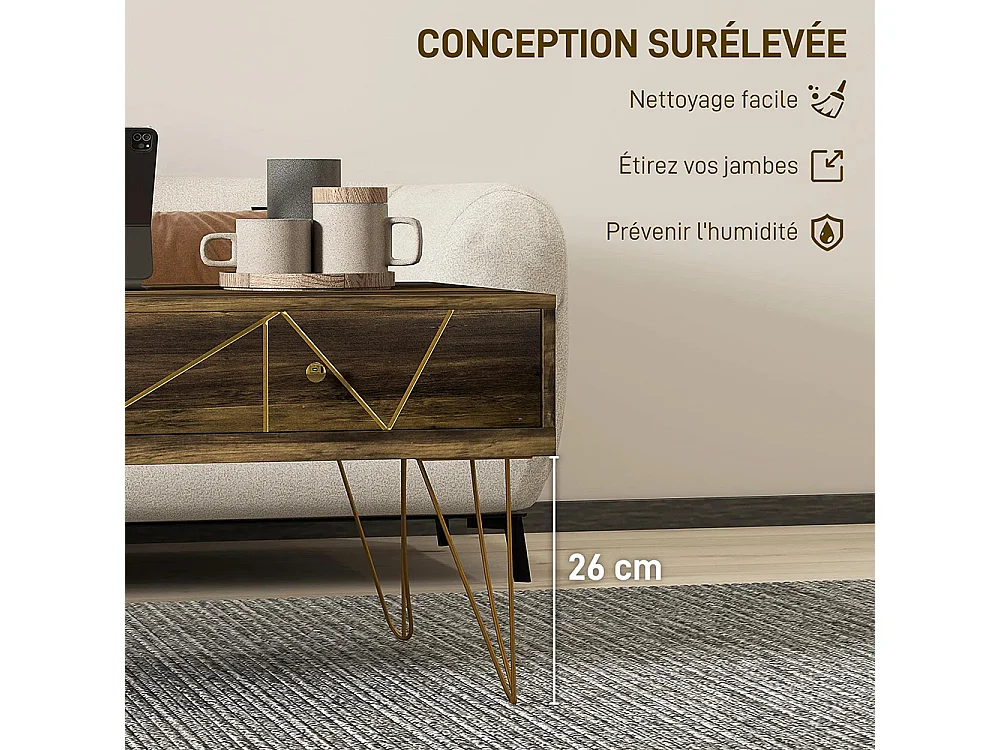 Table basse en bois grand plateau et 2 tiroirs design de luxe Élégant décoration avec lignes dorées peintes à la main brun