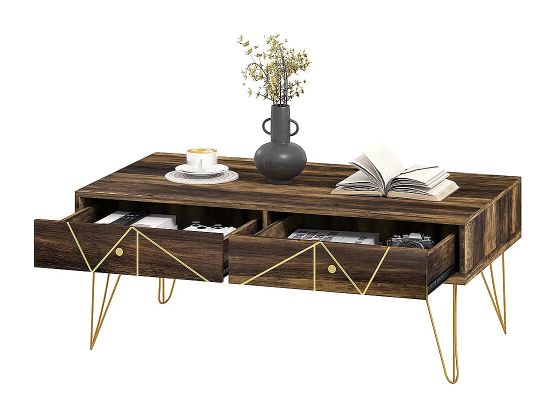Table basse en bois grand plateau et 2 tiroirs design de luxe Élégant décoration avec lignes dorées peintes à la main brun