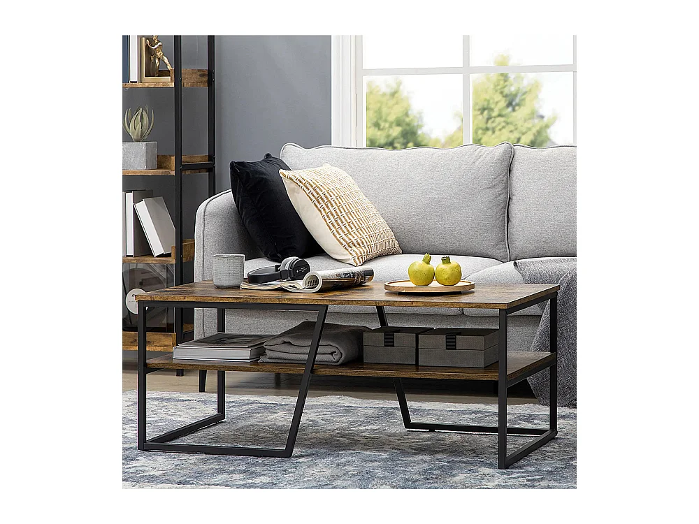 Table basse rectangulaire au style industriel 1 plateau et 1 étagère de rangement métal