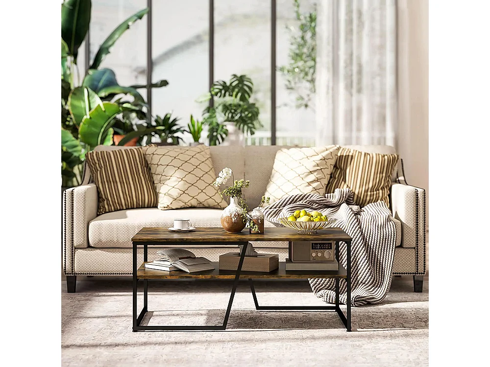 Table basse rectangulaire au style industriel 1 plateau et 1 étagère de rangement métal