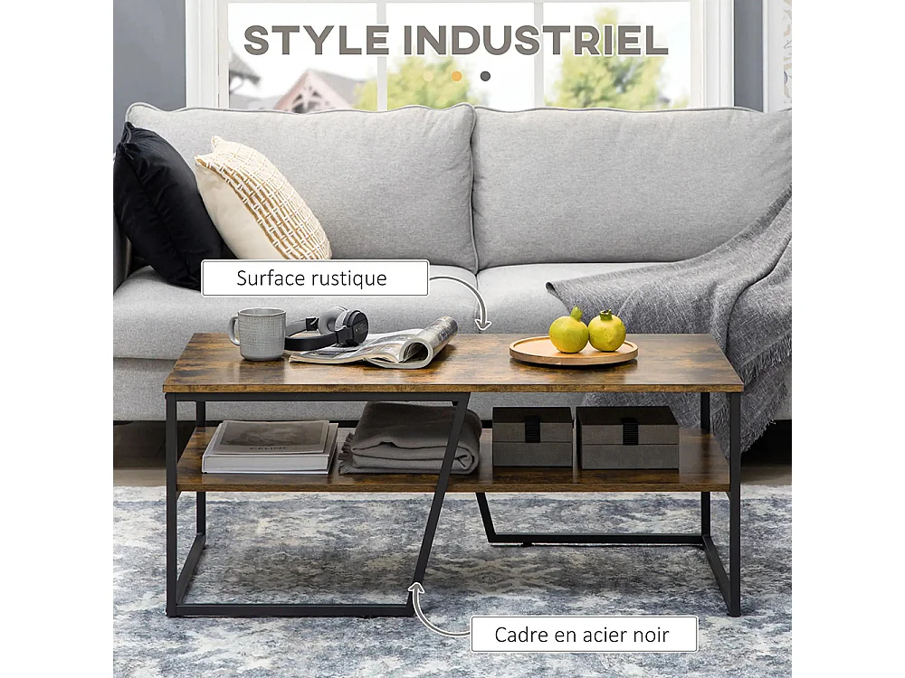 Table basse rectangulaire au style industriel 1 plateau et 1 étagère de rangement métal