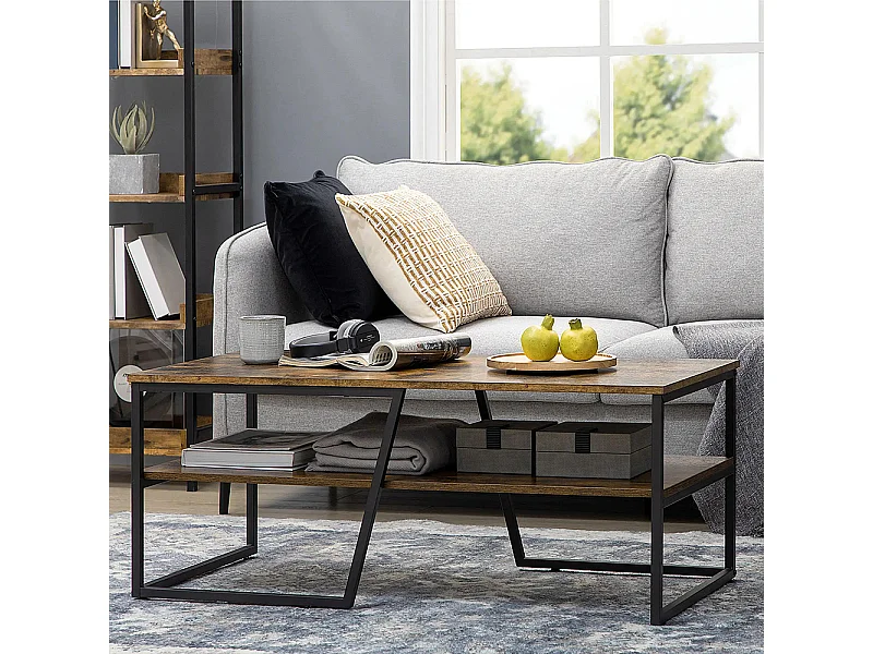 Table basse rectangulaire au style industriel 1 plateau et 1 étagère de rangement métal