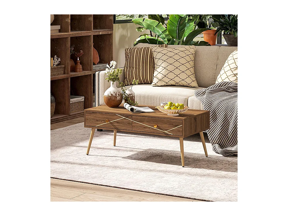 Table basse salon table de salon rectangulaire vaste plateau 2 tiroir pieds fuselés marron