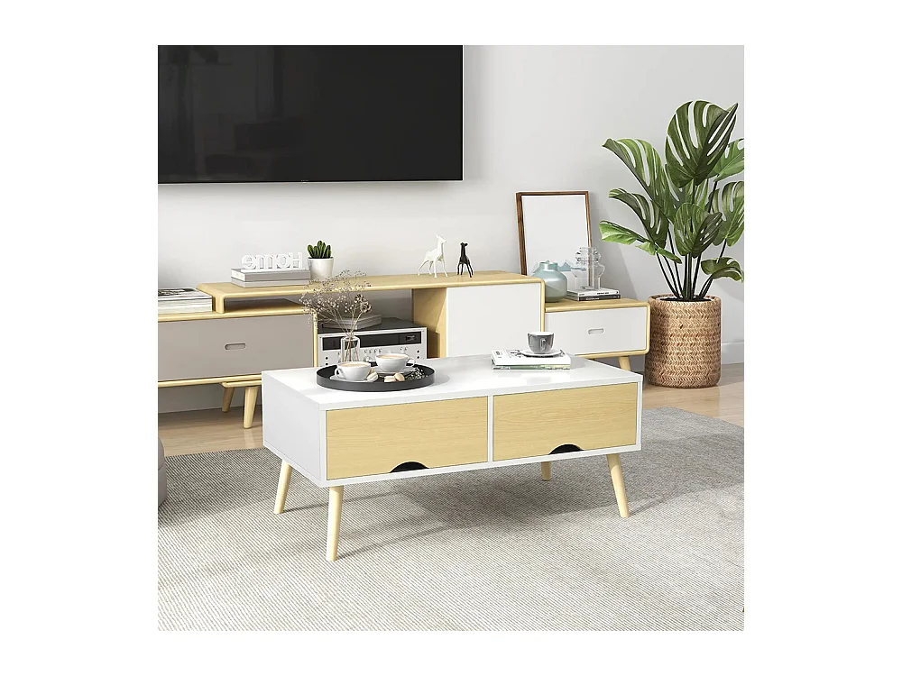 Table basse de salon rectangulaire avec 2 tiroirs et 1 compartiment ouvert blanc et naturel