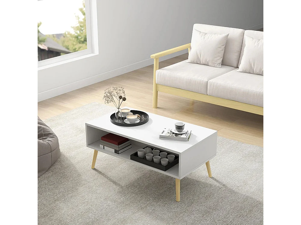 Table basse de salon rectangulaire avec 2 tiroirs et 1 compartiment ouvert blanc et naturel
