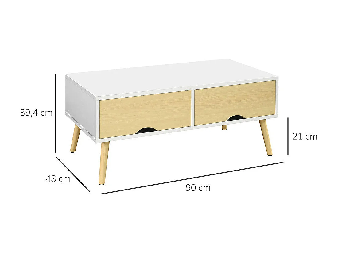 Table basse de salon rectangulaire avec 2 tiroirs et 1 compartiment ouvert blanc et naturel
