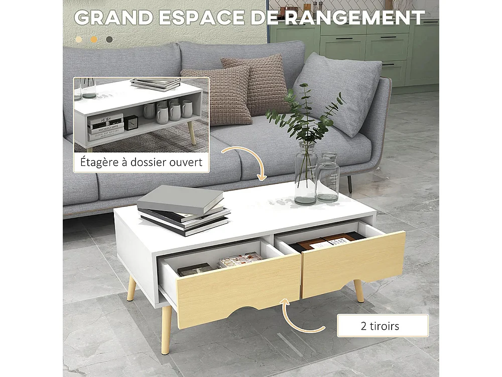 Table basse de salon rectangulaire avec 2 tiroirs et 1 compartiment ouvert blanc et naturel