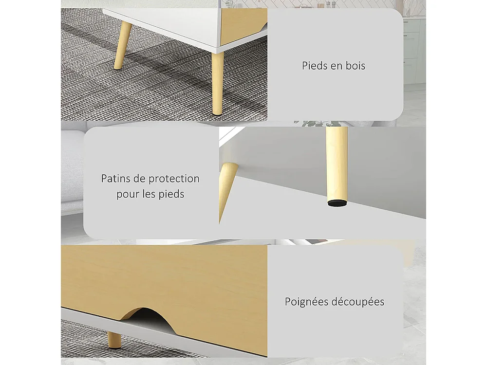 Table basse de salon rectangulaire avec 2 tiroirs et 1 compartiment ouvert blanc et naturel
