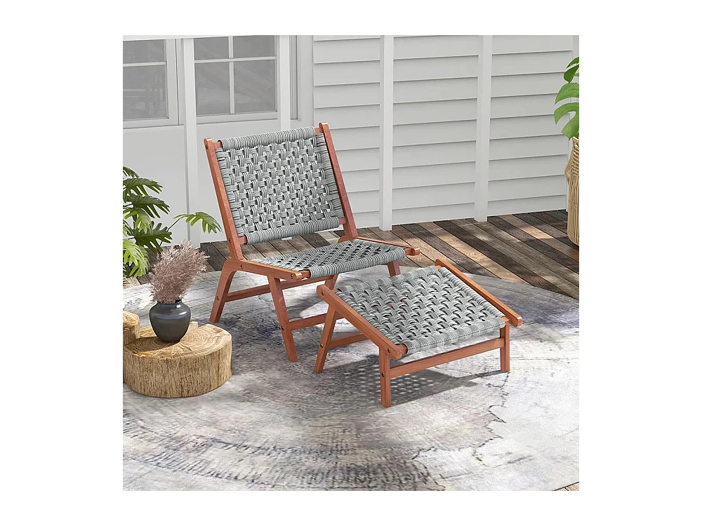 Fauteuil de jardin avec repose-pieds - chaise relax en bois d'acacia et corde résine tressée - naturel gris