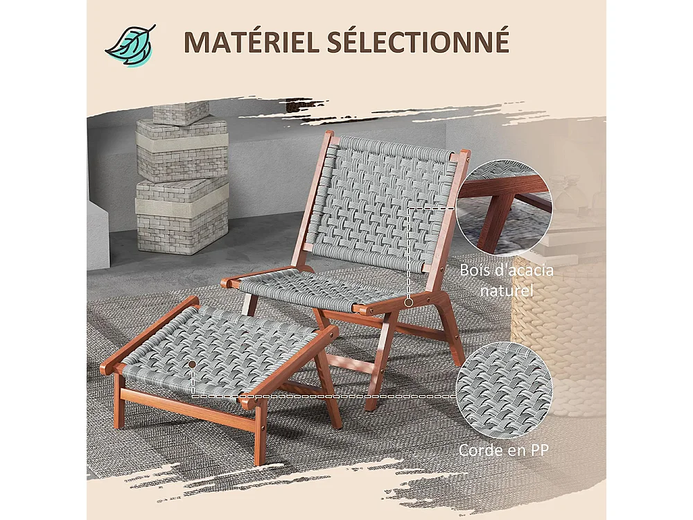 Fauteuil de jardin avec repose-pieds - chaise relax en bois d'acacia et corde résine tressée - naturel gris