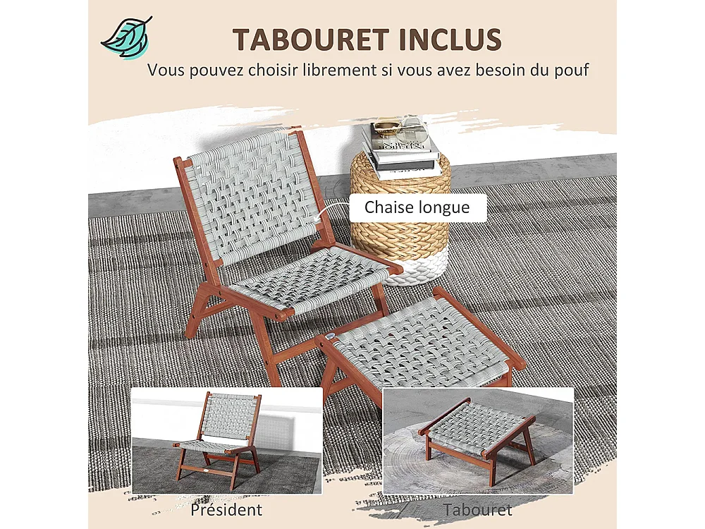 Fauteuil de jardin avec repose-pieds - chaise relax en bois d'acacia et corde résine tressée - naturel gris