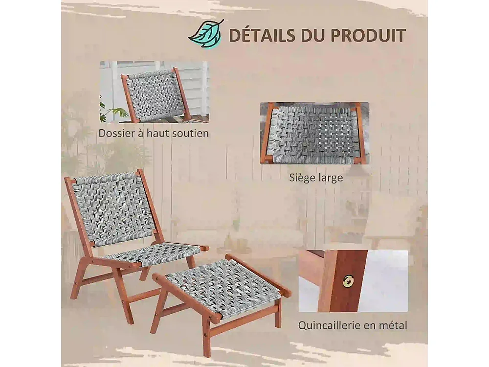Fauteuil de jardin avec repose-pieds - chaise relax en bois d'acacia et corde résine tressée - naturel gris