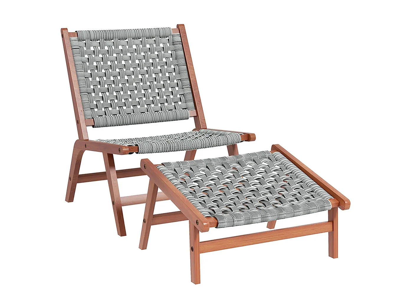 Fauteuil de jardin avec repose-pieds - chaise relax en bois d'acacia et corde résine tressée - naturel gris