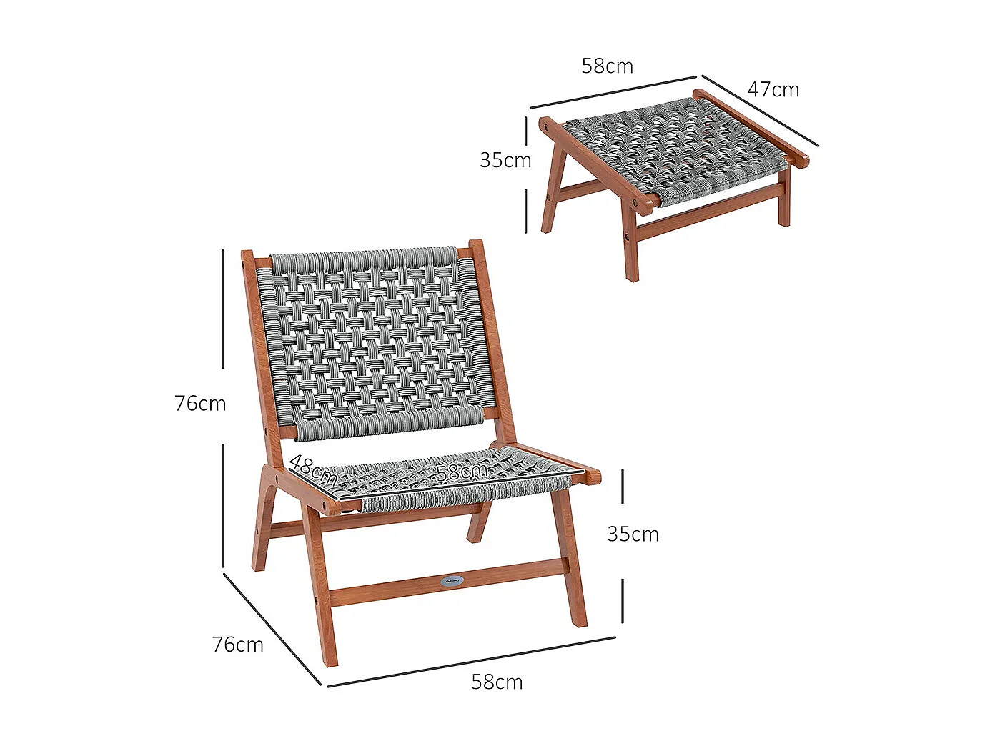 Fauteuil de jardin avec repose-pieds - chaise relax en bois d'acacia et corde résine tressée - naturel gris