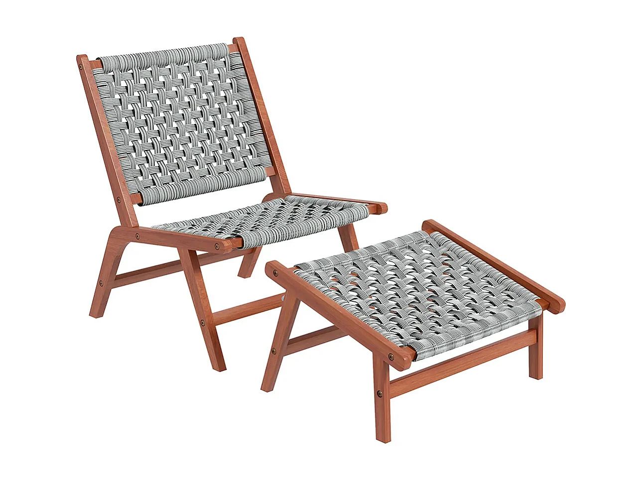 Fauteuil de jardin avec repose-pieds - chaise relax en bois d'acacia et corde résine tressée - naturel gris