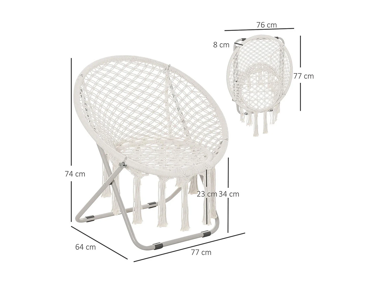 Loveuse fauteuil rond de jardin fauteuil lune papasan pliable grand confort macramé coton polyester beige