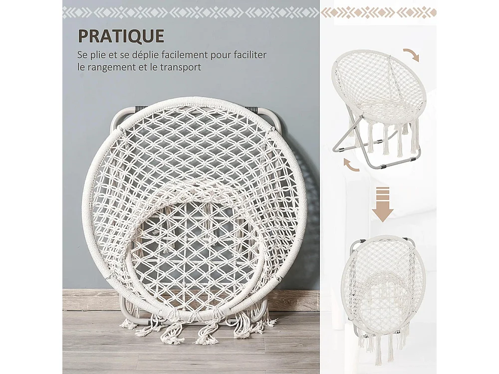 Loveuse fauteuil rond de jardin fauteuil lune papasan pliable grand confort macramé coton polyester beige