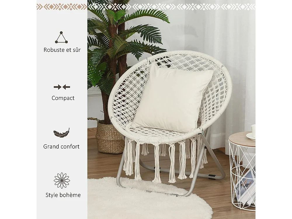 Loveuse fauteuil rond de jardin fauteuil lune papasan pliable grand confort macramé coton polyester beige