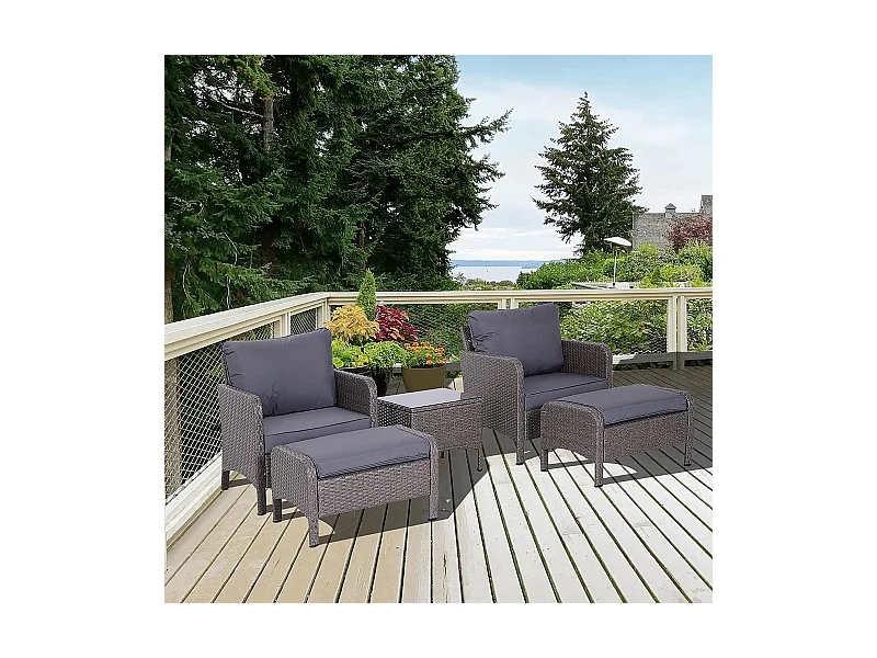 Lot de 2 fauteuils de jardin grand confort repose-pied table basse résine tressée imitation rotin coussins gris