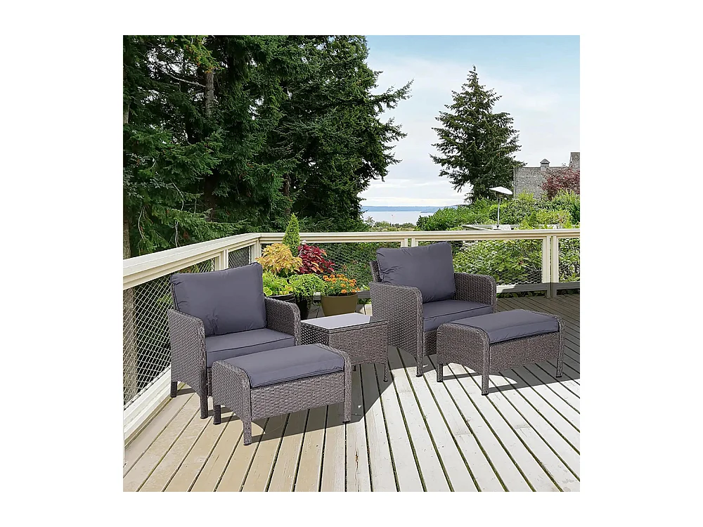 Lot de 2 fauteuils de jardin grand confort repose-pied table basse résine tressée imitation rotin coussins gris